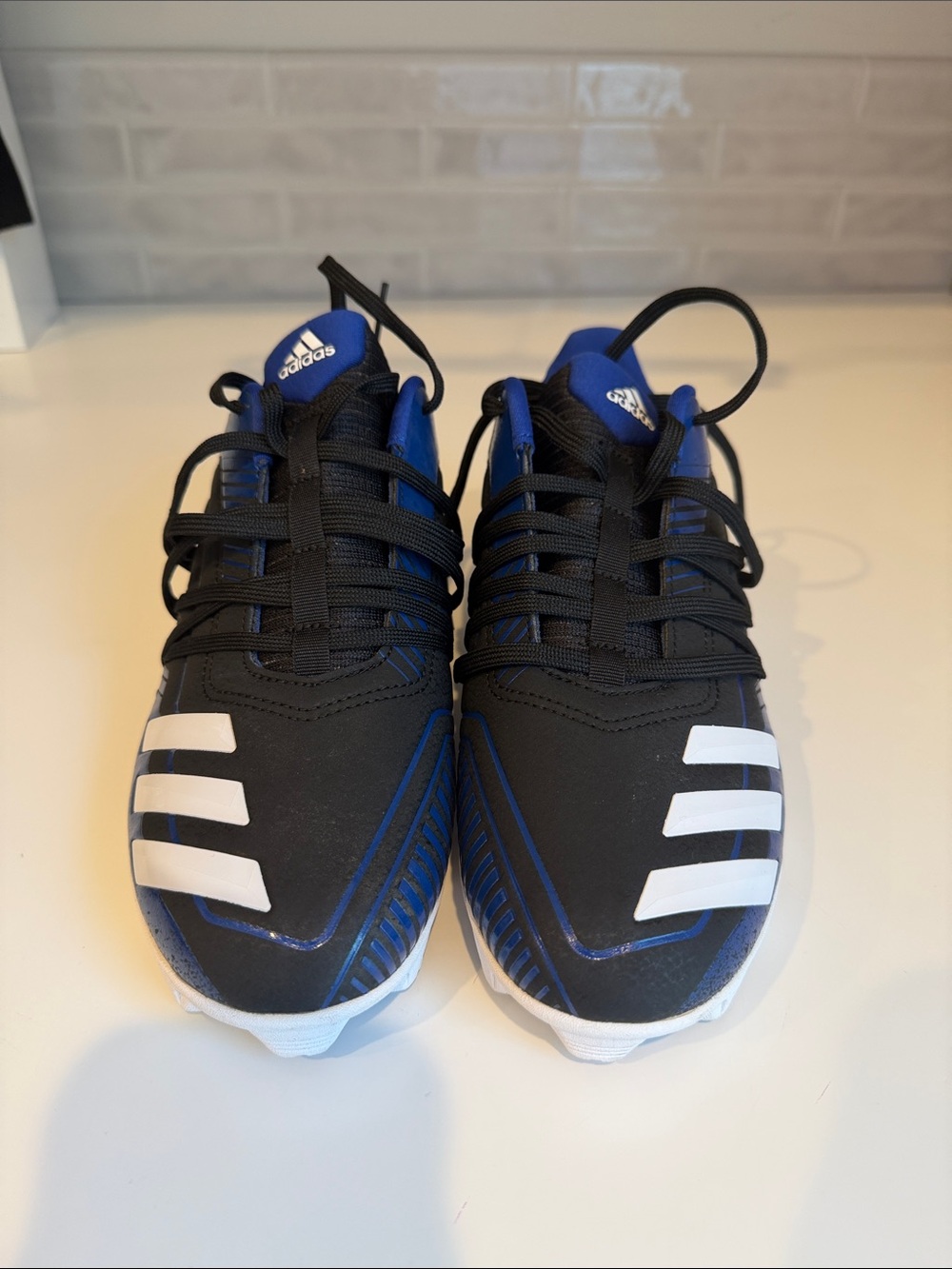 adidas Kids Black Blue athletic sneakers with White Stripes